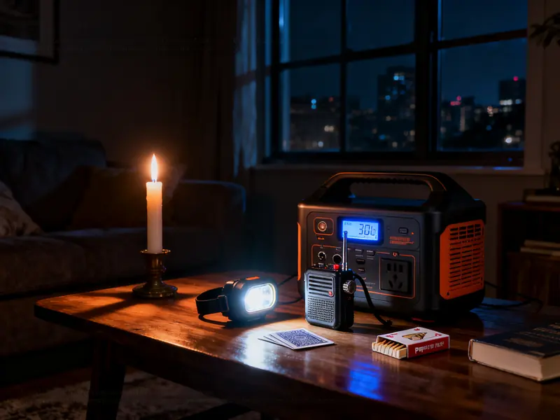 Salon plongé dans le noir lors d'un black-out avec bougie allumée et power station portable