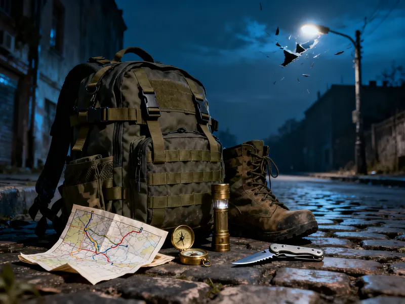 Sac d'évacuation tactique sur pavés au crépuscule avec carte et compas pour conflit armé