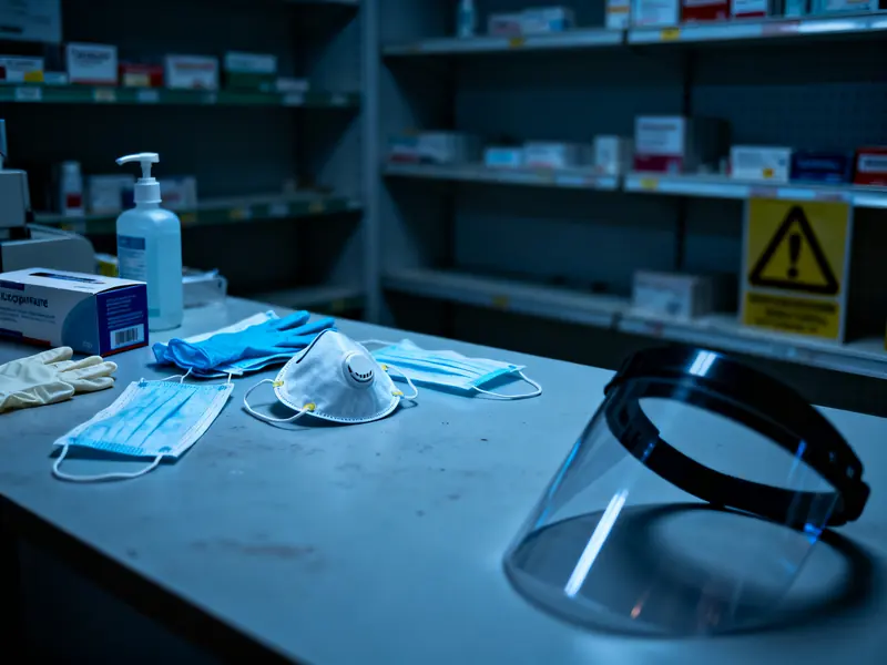 Pharmacie vide pendant une crise sanitaire avec rayons dépouillés et masques de protection